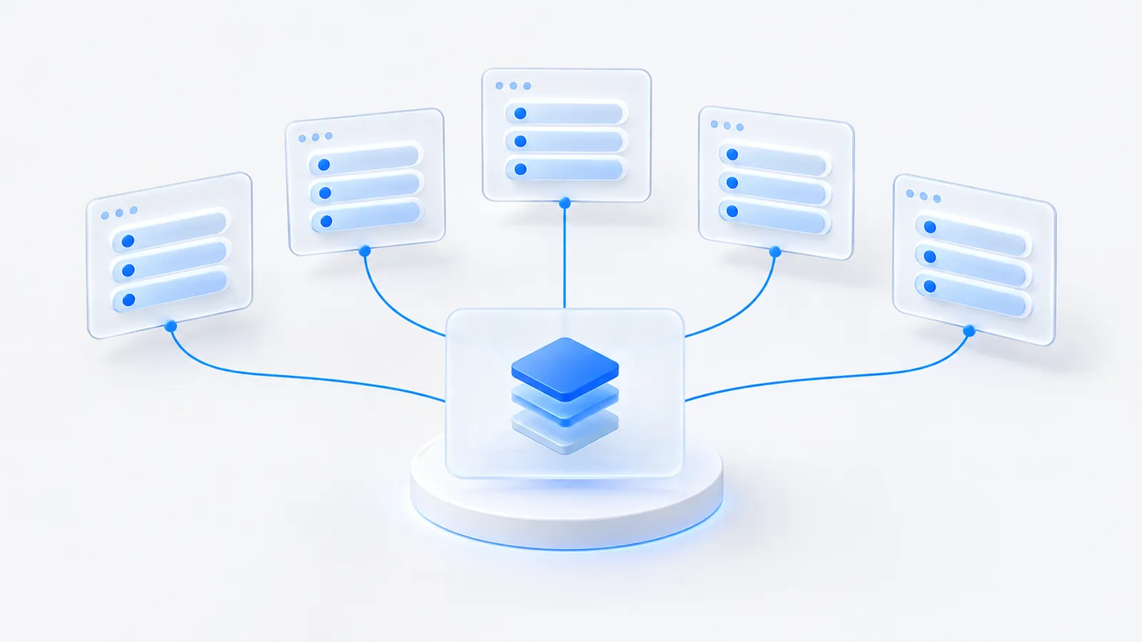 Diagram of one central workflow hub feeding the same three-bucket prompt set into five separate client workspaces