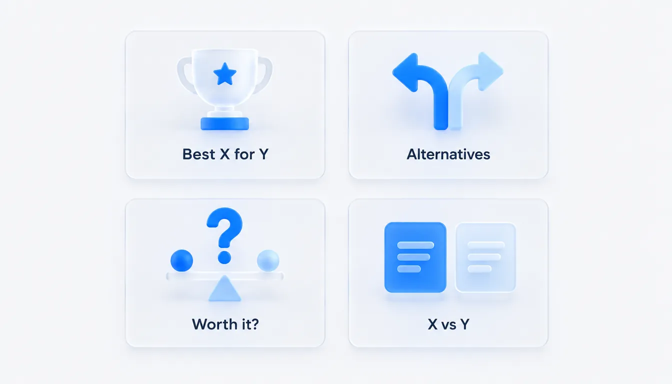 Four cards showing the shopper query shapes Best X for Y, Alternatives, Worth it? and X vs Y
