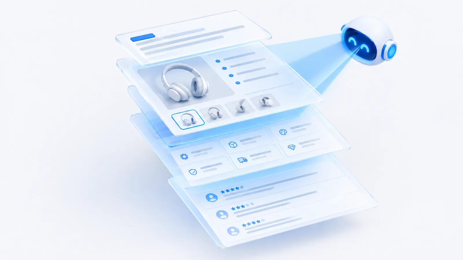 Exploded view of a product listing's layers (title, bullets, images, attributes and reviews) being read by a scanning beam