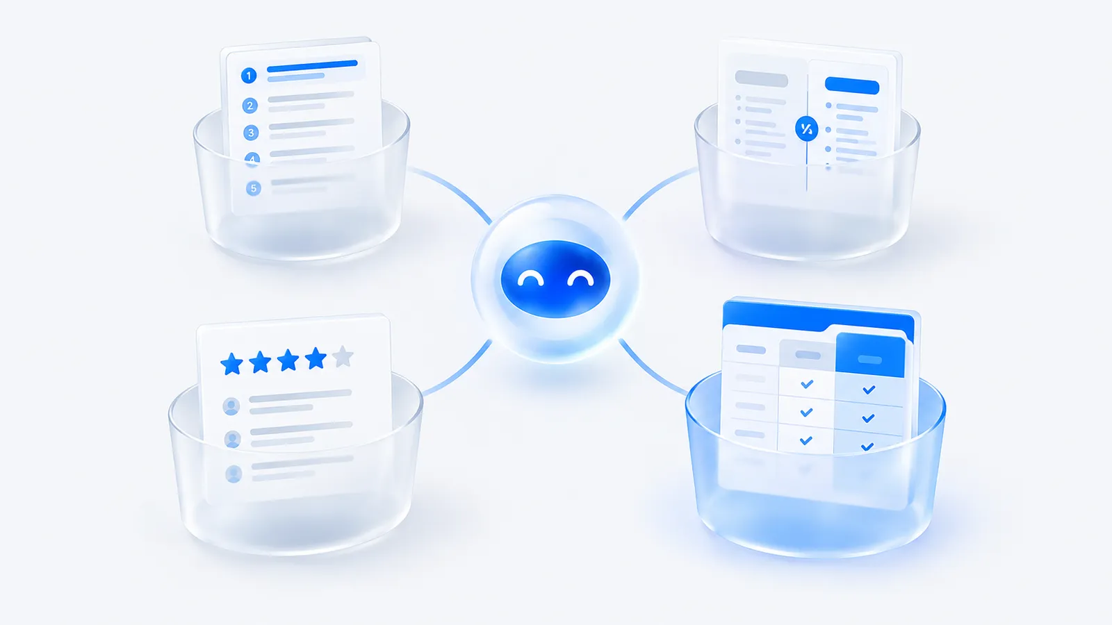 Four source buckets around an AI assistant: roundup lists, comparison pages, review platforms and a highlighted pricing page you own