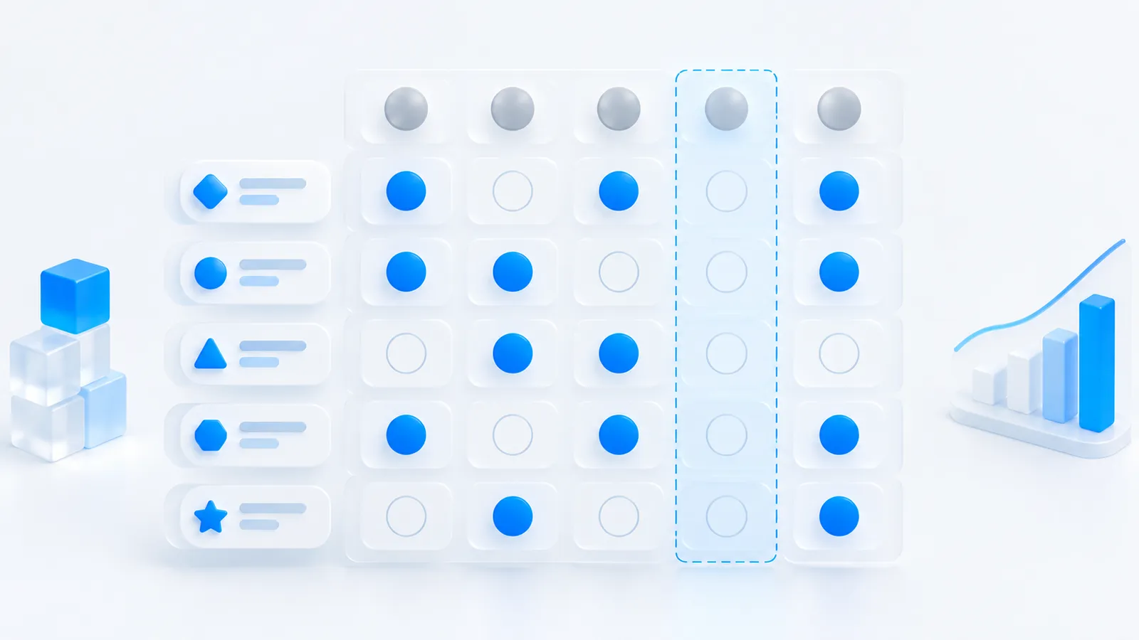 Grid of tracked prompts against AI engines with filled cells where the brand is named and empty cells showing coverage gaps