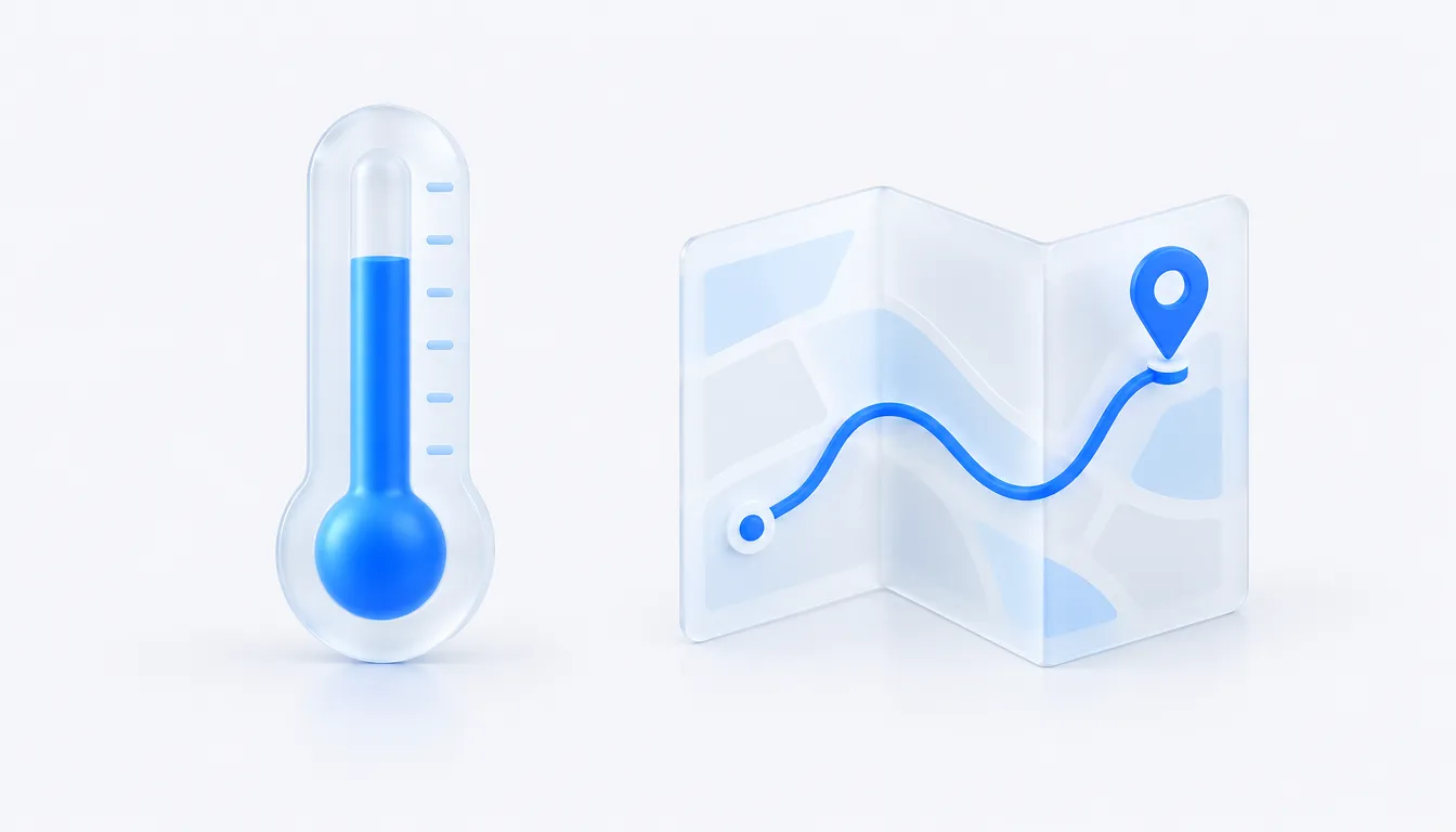 A thermometer showing a single reading beside a folded map with a route and a destination pin