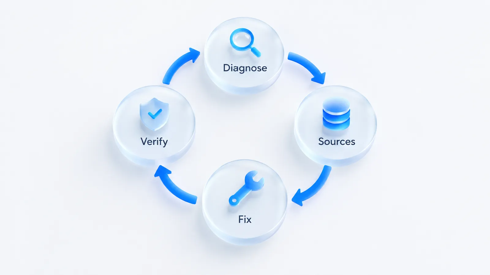 Four-step cycle labelled Diagnose, Sources, Fix and Verify, connected by arrows