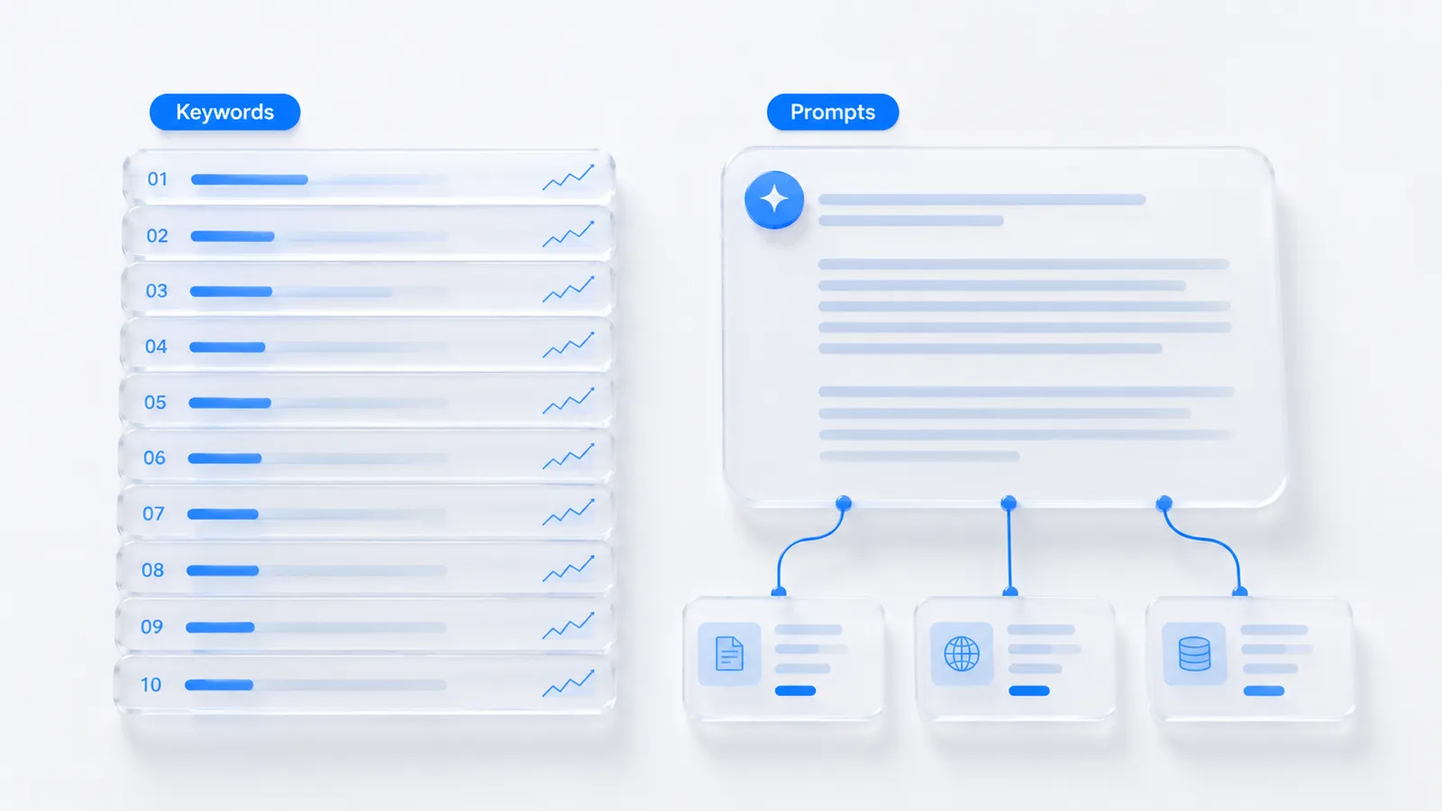 Left: a stack of ten ranked result bars labelled Keywords. Right: one synthesized answer card linked to three source cards, labelled Prompts