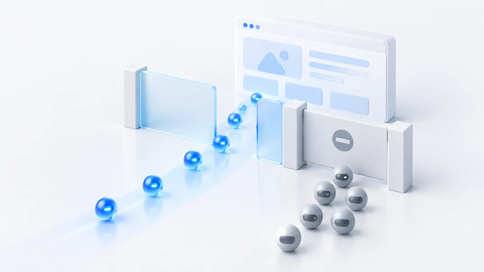 Gate in front of a website with blue crawler orbs passing through an open lane and grey orbs stopped at a closed barrier