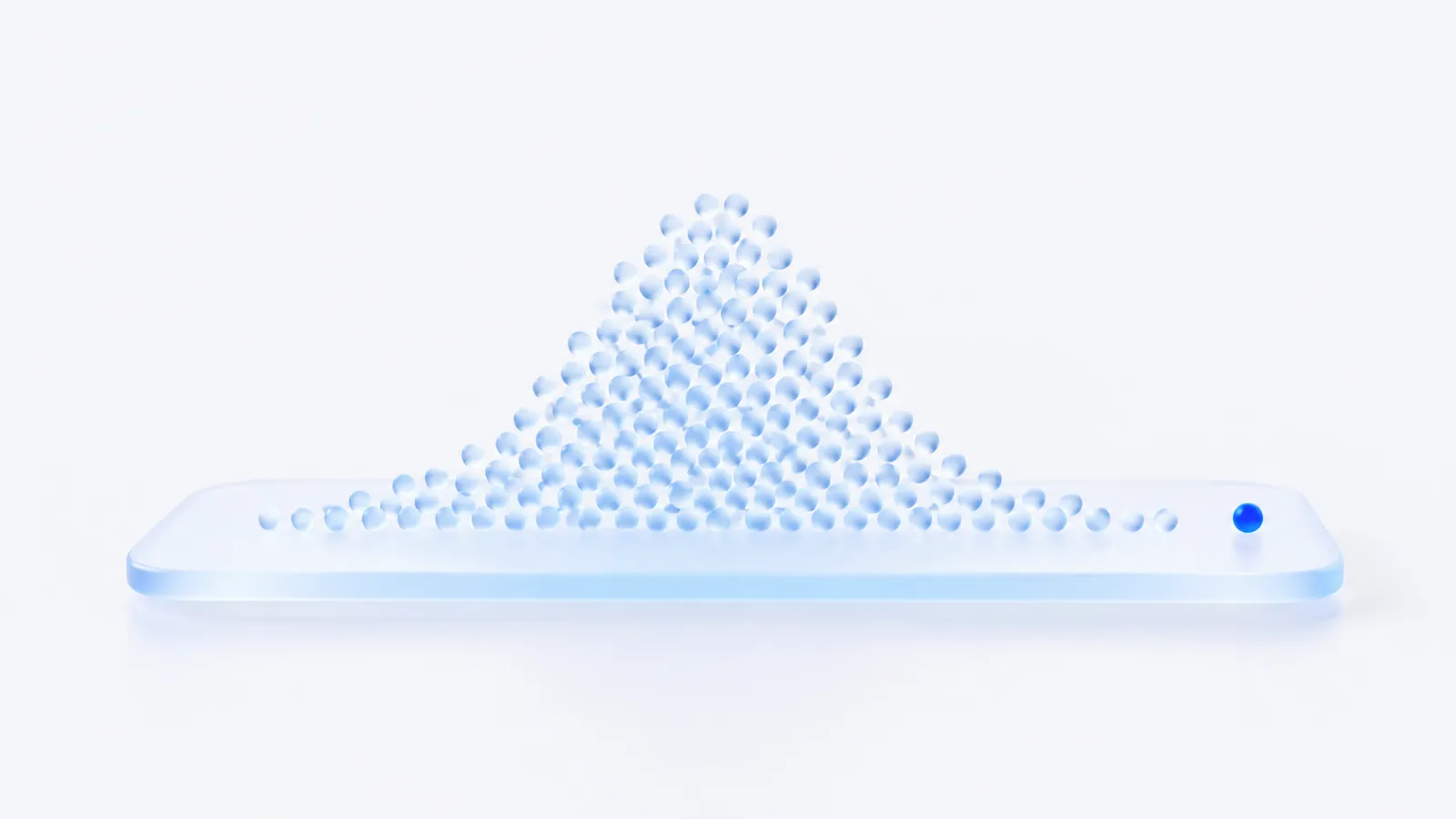 A bell-shaped spread of many small dots with one bright blue dot highlighted at the far edge