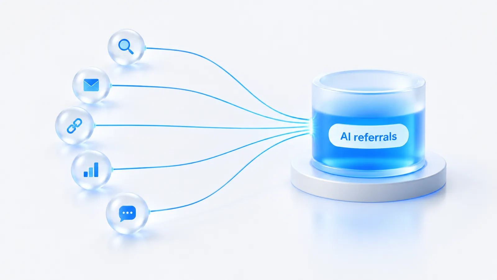 Several assistant traffic sources converging into a single analytics segment labelled AI referrals