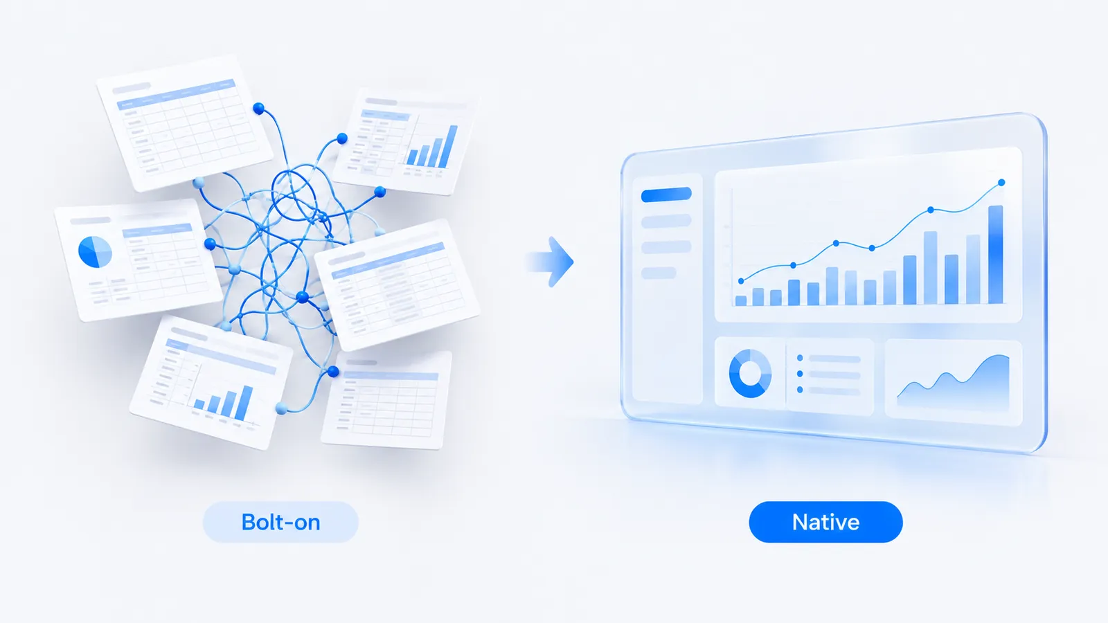 Left: disconnected spreadsheets tied together with threads, labelled Bolt-on. Right: one unified dashboard, labelled Native