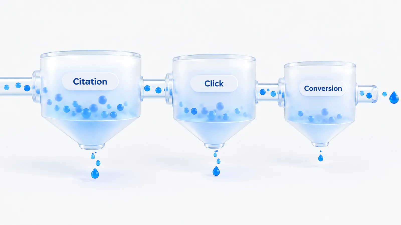 Three connected stages labelled Citation, Click and Conversion, with droplets leaking out between each stage