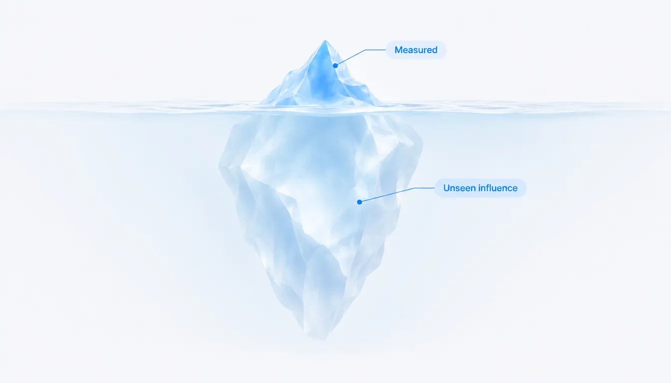 Iceberg with a small tip labelled Measured above water and a much larger mass labelled Unseen influence below