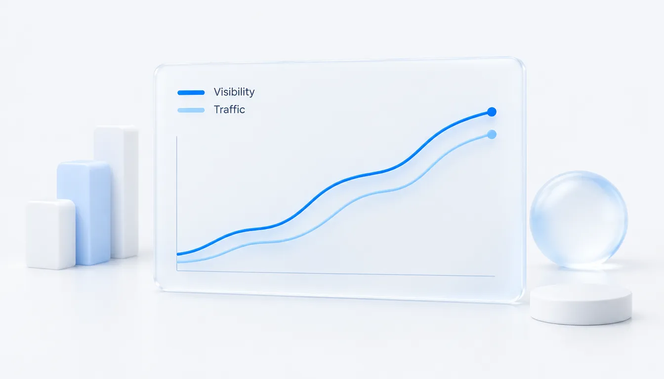 Chart with a visibility line rising first and a traffic line following the same shape a few weeks later