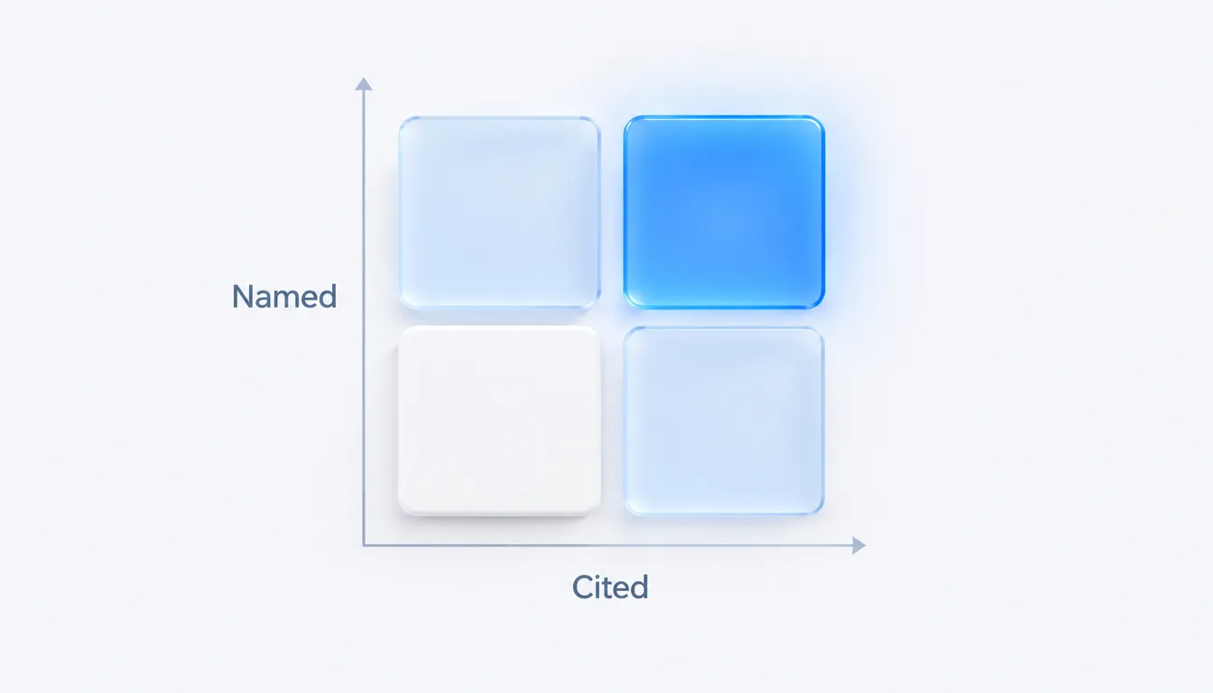 Two-by-two matrix with axes Named and Cited; the named-and-cited quadrant is highlighted blue