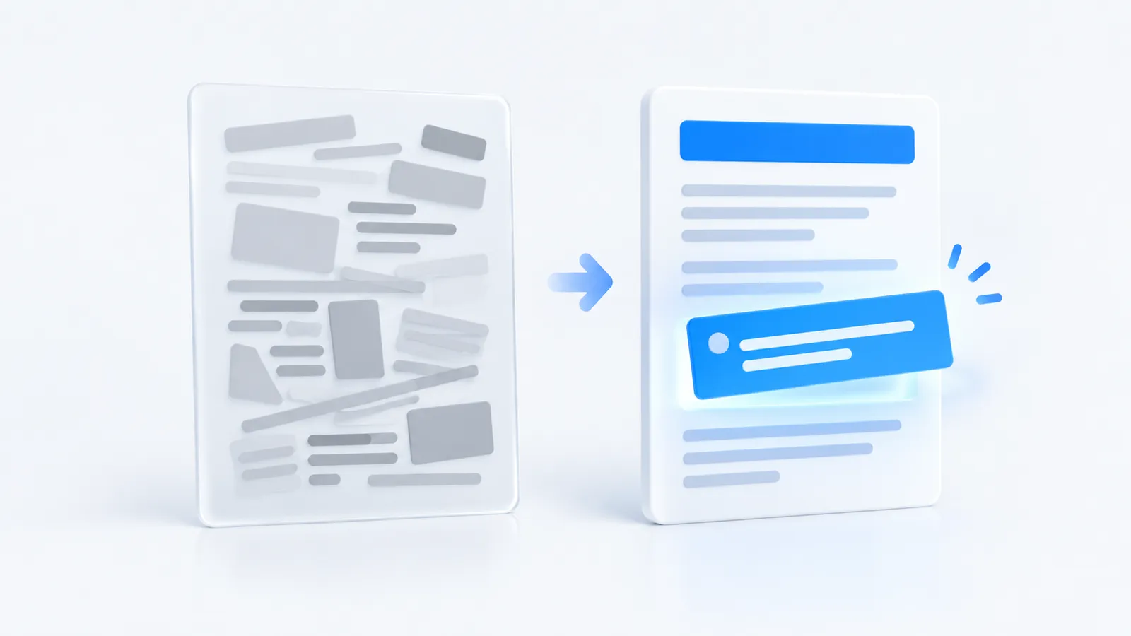 Comparison of a cluttered page with uneven blocks and a clean page whose highlighted answer block lifts off the page