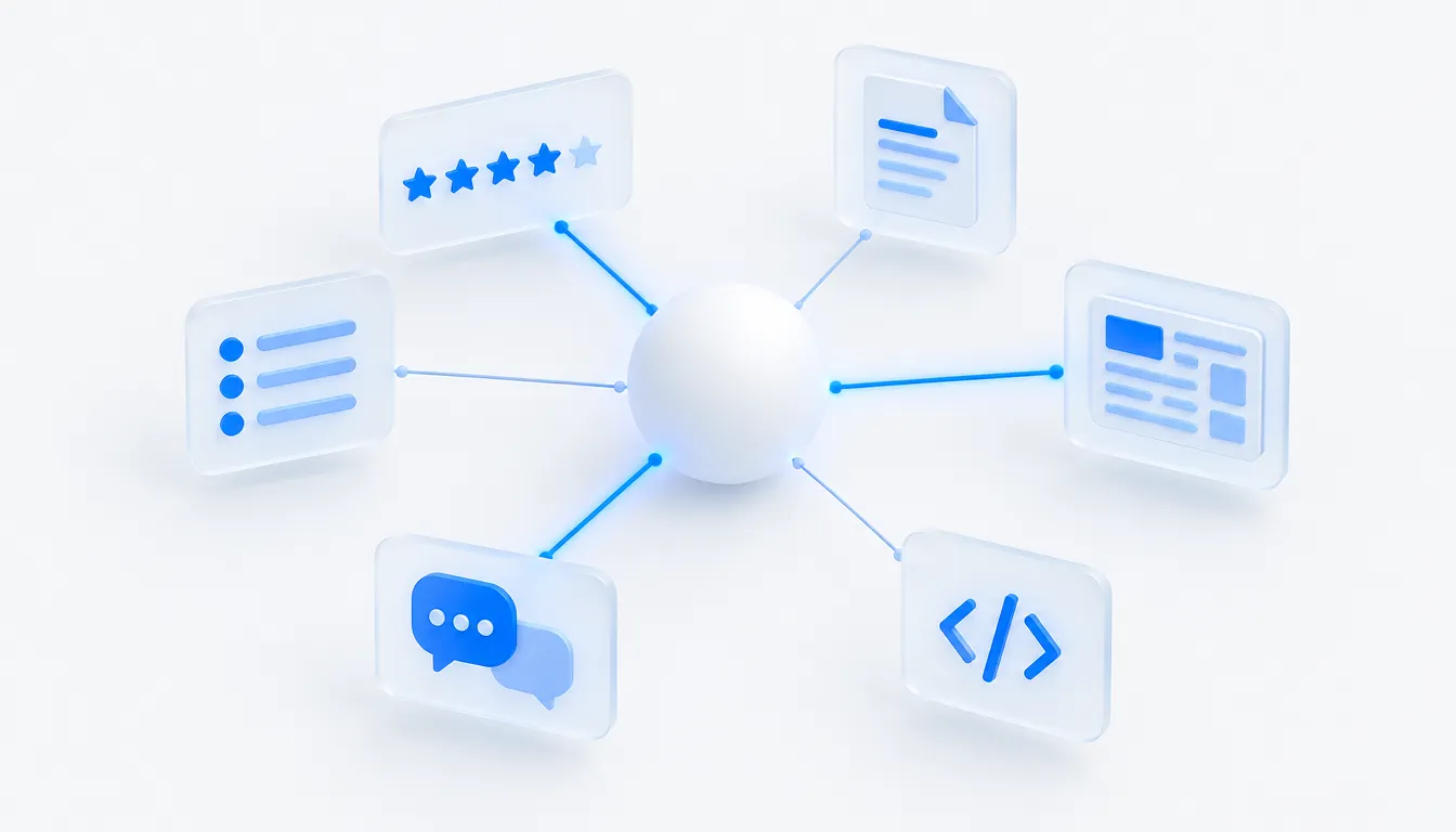A brand node connected to surrounding cards for review sites, documentation, publications, code, discussions and lists