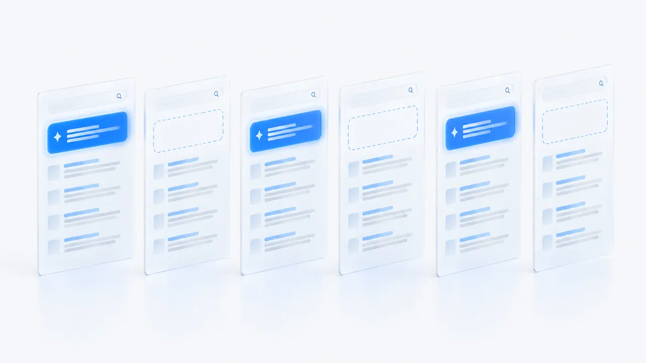 Six identical search results pages side by side, three showing a blue AI Overview card and three showing an empty placeholder