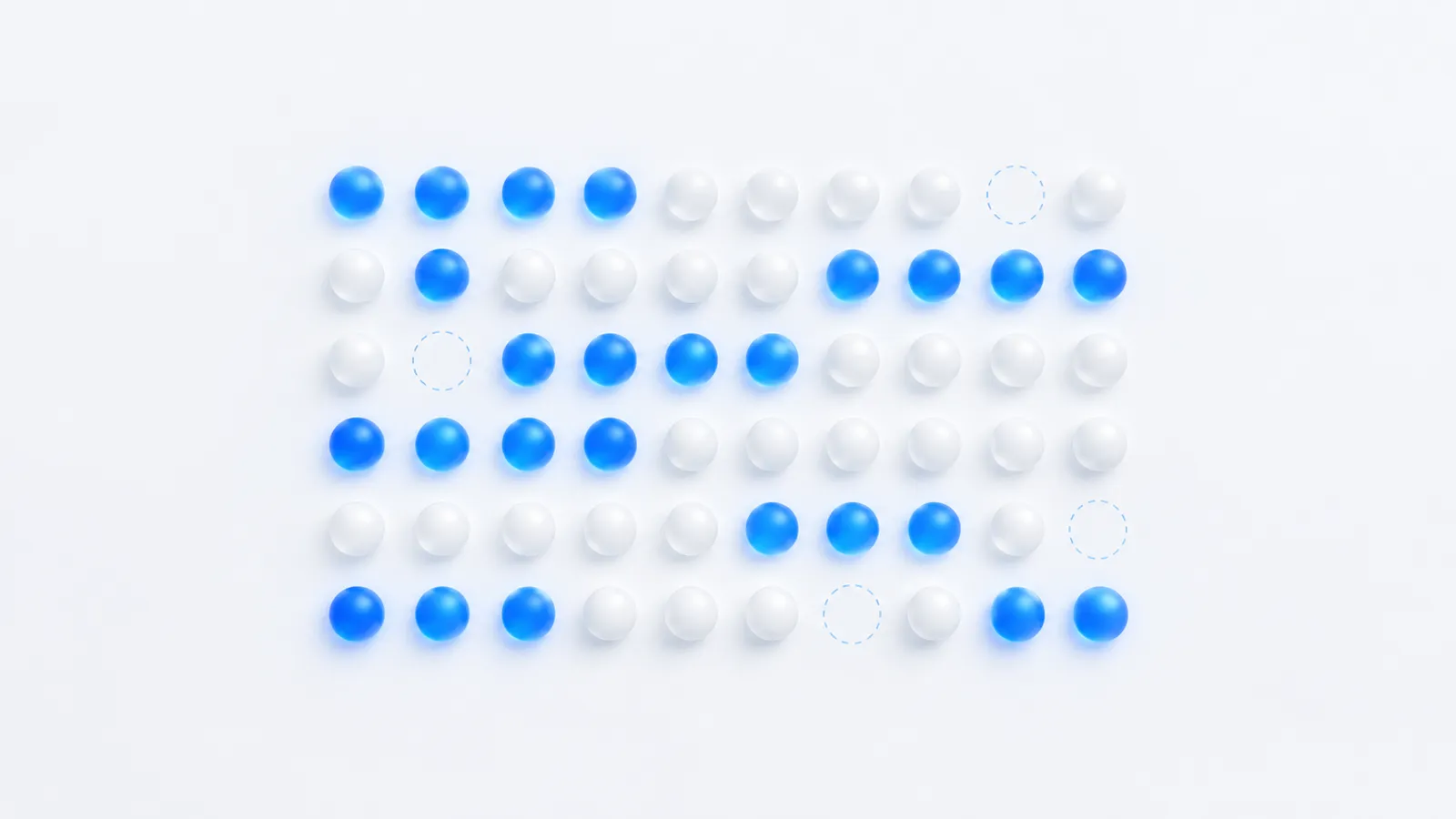 Grid of sixty small spheres, about a third glowing blue and the rest white, with a few empty dashed circles