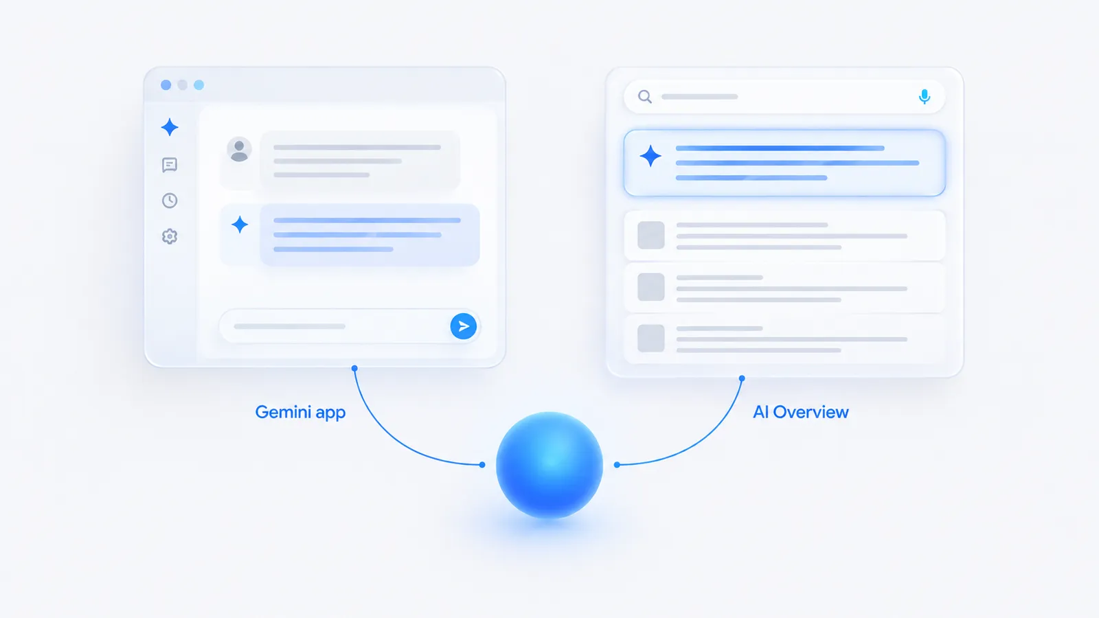 Diagram of a Gemini chat window and a Google results page with an AI Overview card on top, both connected to one shared model core