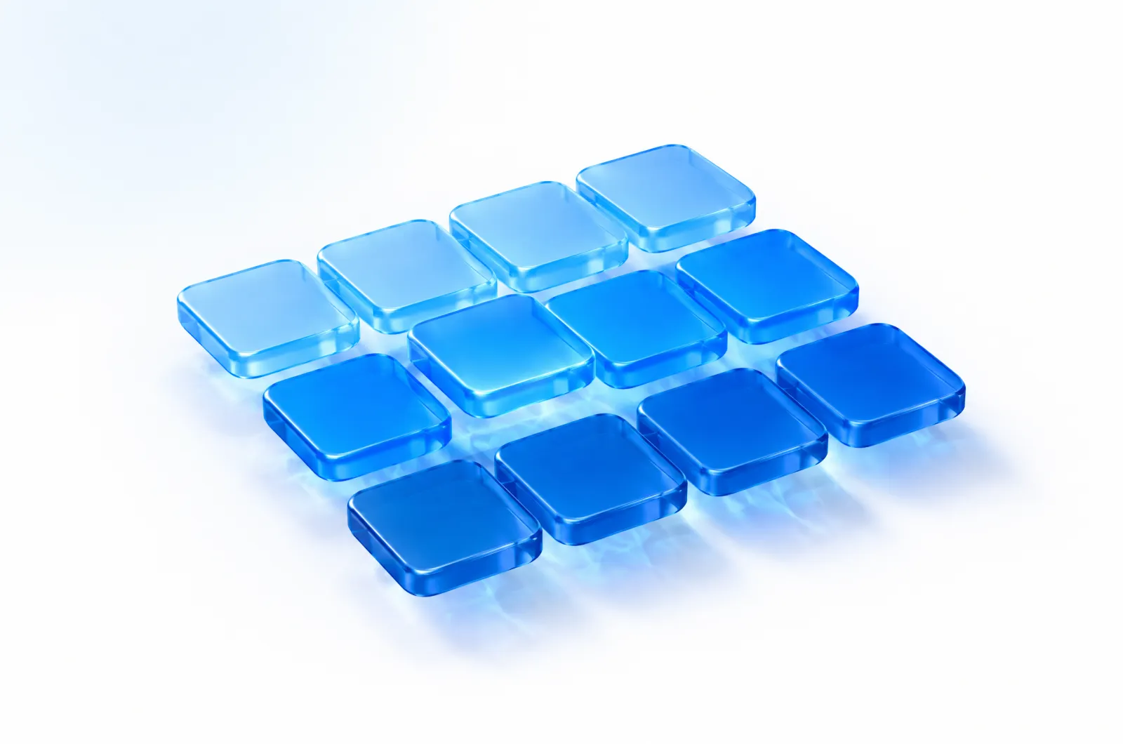 Twelve translucent blue glass tiles in three rows on white, one tile lifted and glowing