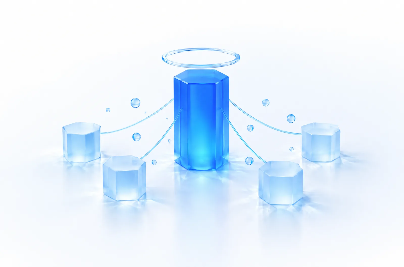 A glowing blue glass hexagon plinth with a glass halo, linked by threads of light to four smaller frosted glass tiles on white
