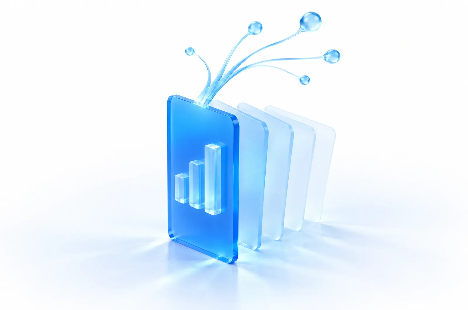 A blue glass card with three glowing glass bars in relief, glass pages fanned behind it and a ribbon of light spreading into droplets