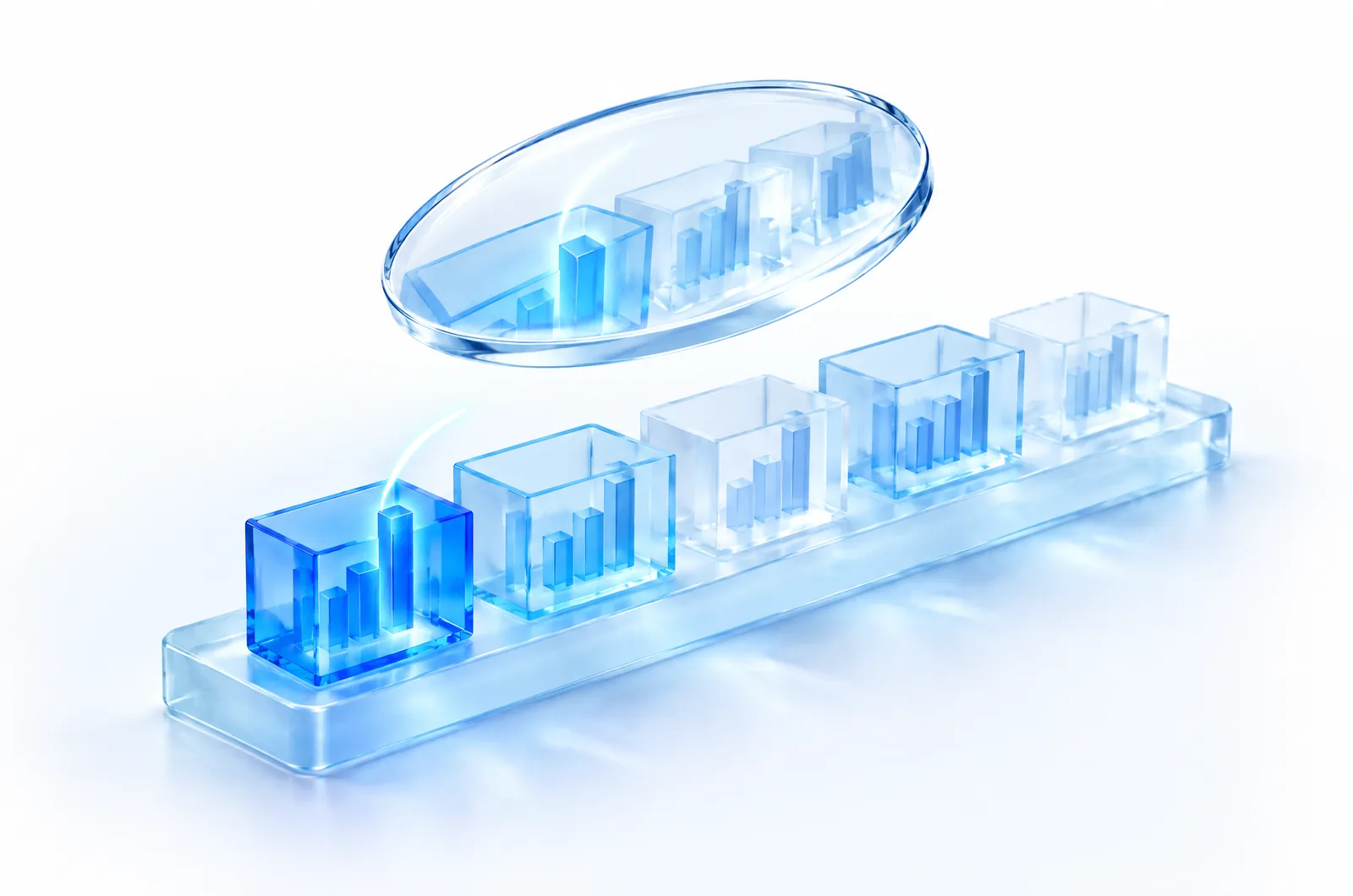 A frosted glass tray holding five glass compartments of bars, the nearest one glowing blue, under a floating glass lens