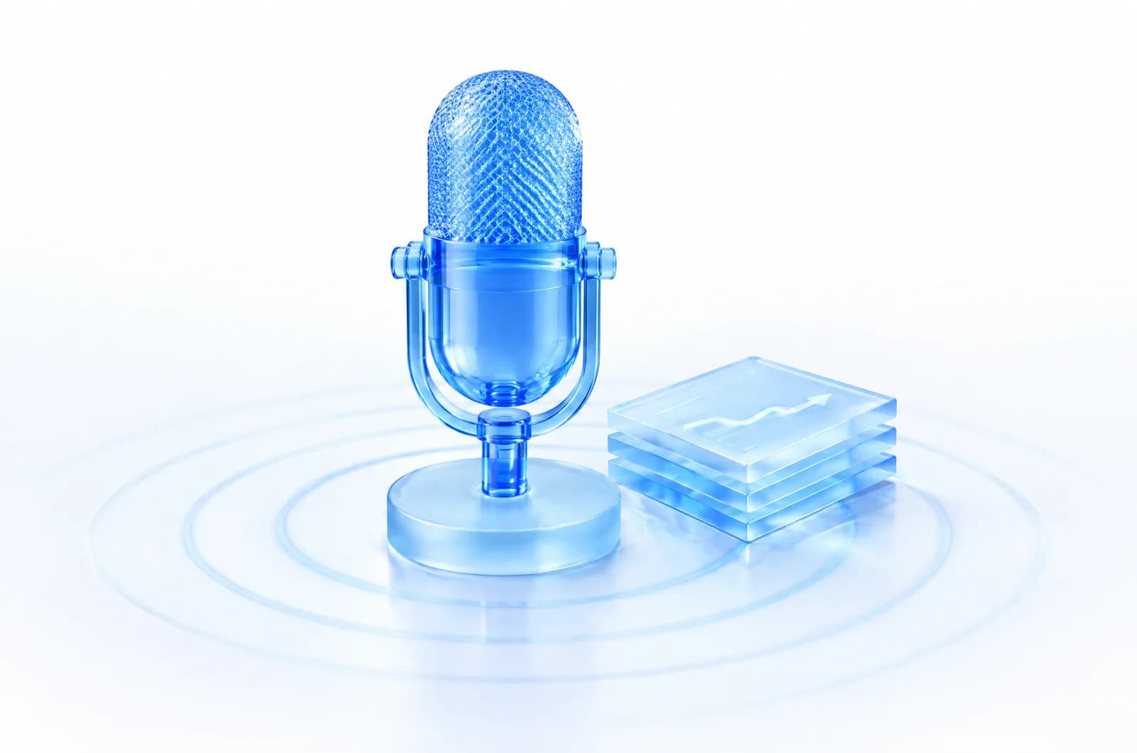 A blue glass studio microphone on a frosted glass base beside a stack of glass slabs with a rising line, rings of light spreading across white